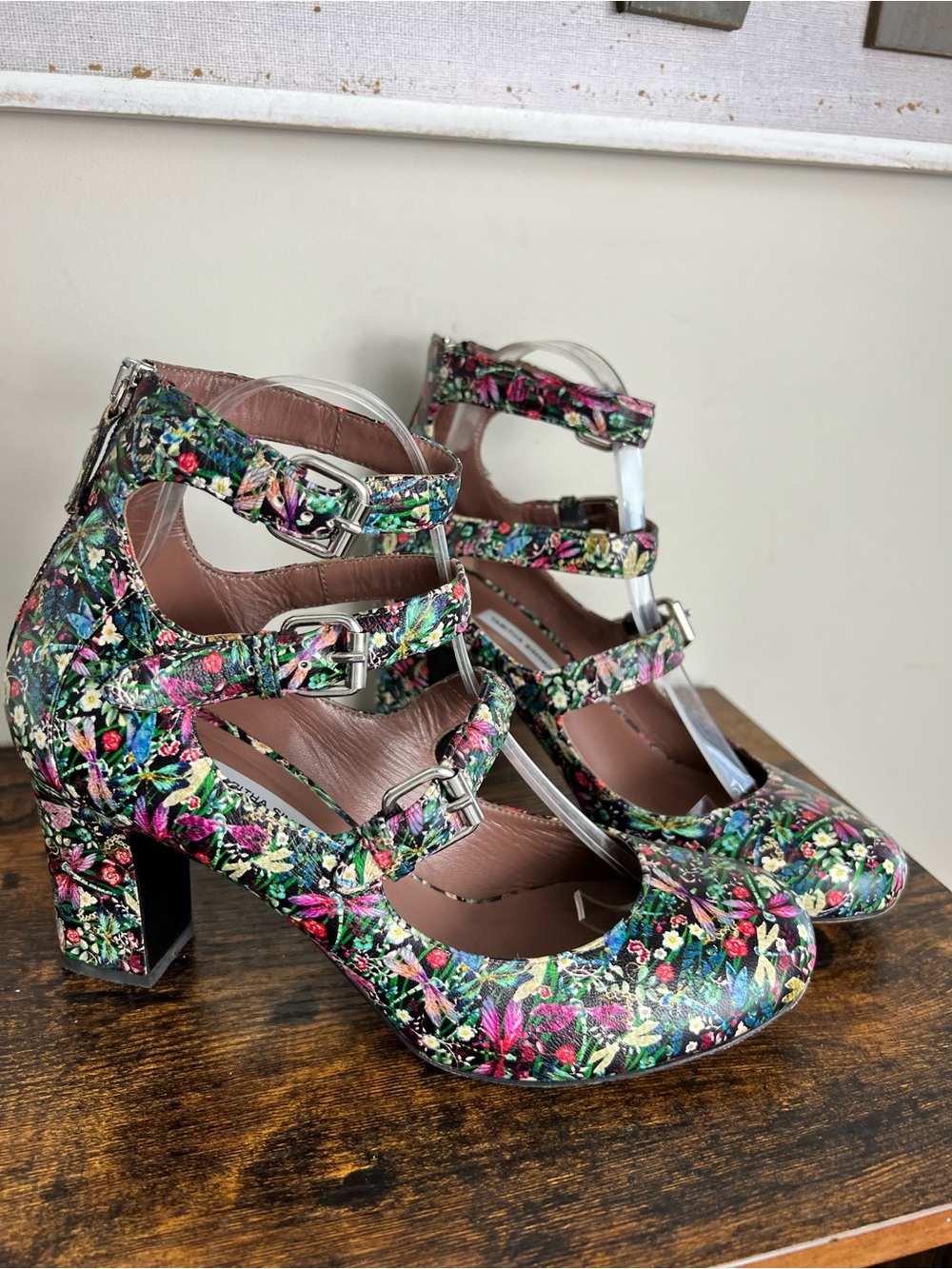 Tabitha Simmons Ginger Floral Mary Jane Triple Buckle Block Heels 39.5 Leather